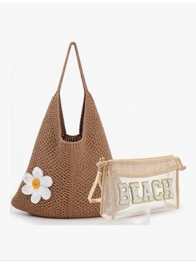 Woven Brown Straw Beach Tote with Clear 'BEACH' Pouch